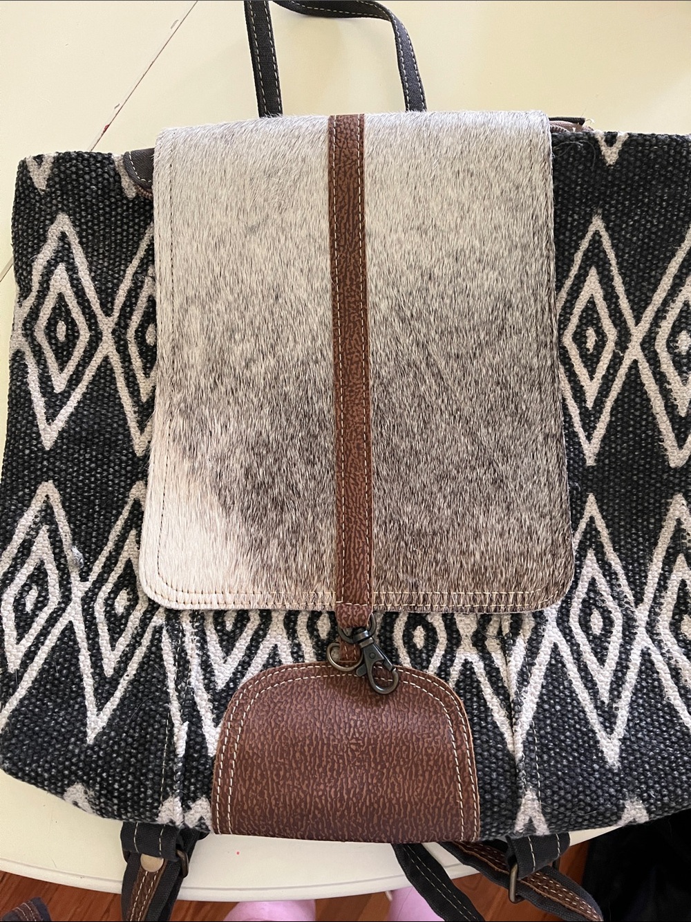 Myra Bags Backpack with Haircalf Flap and Brown Leather Trim